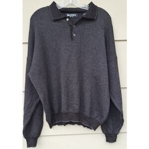 Vtg. BRANDINI Men's Fine Merino Wool Polo Dad Sweater Black Gray Sz L made Italy